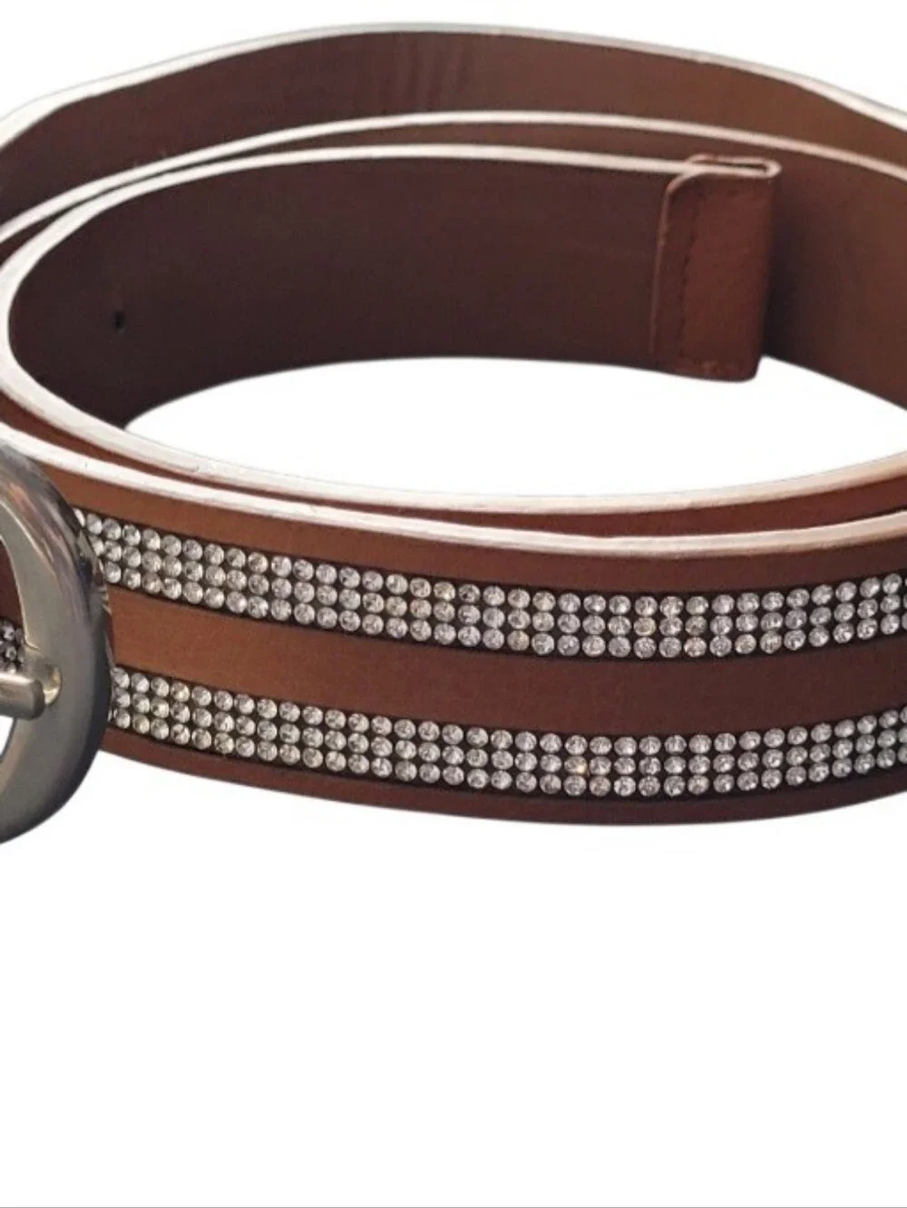 Womens Size XL Brown Leather Belt Parallel Rows Rhinestones Silver-toned Buckle.